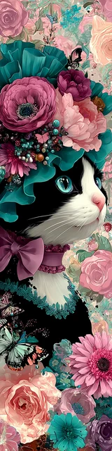 Cat bookmarks design of a ruffle hat cat wearing a dress